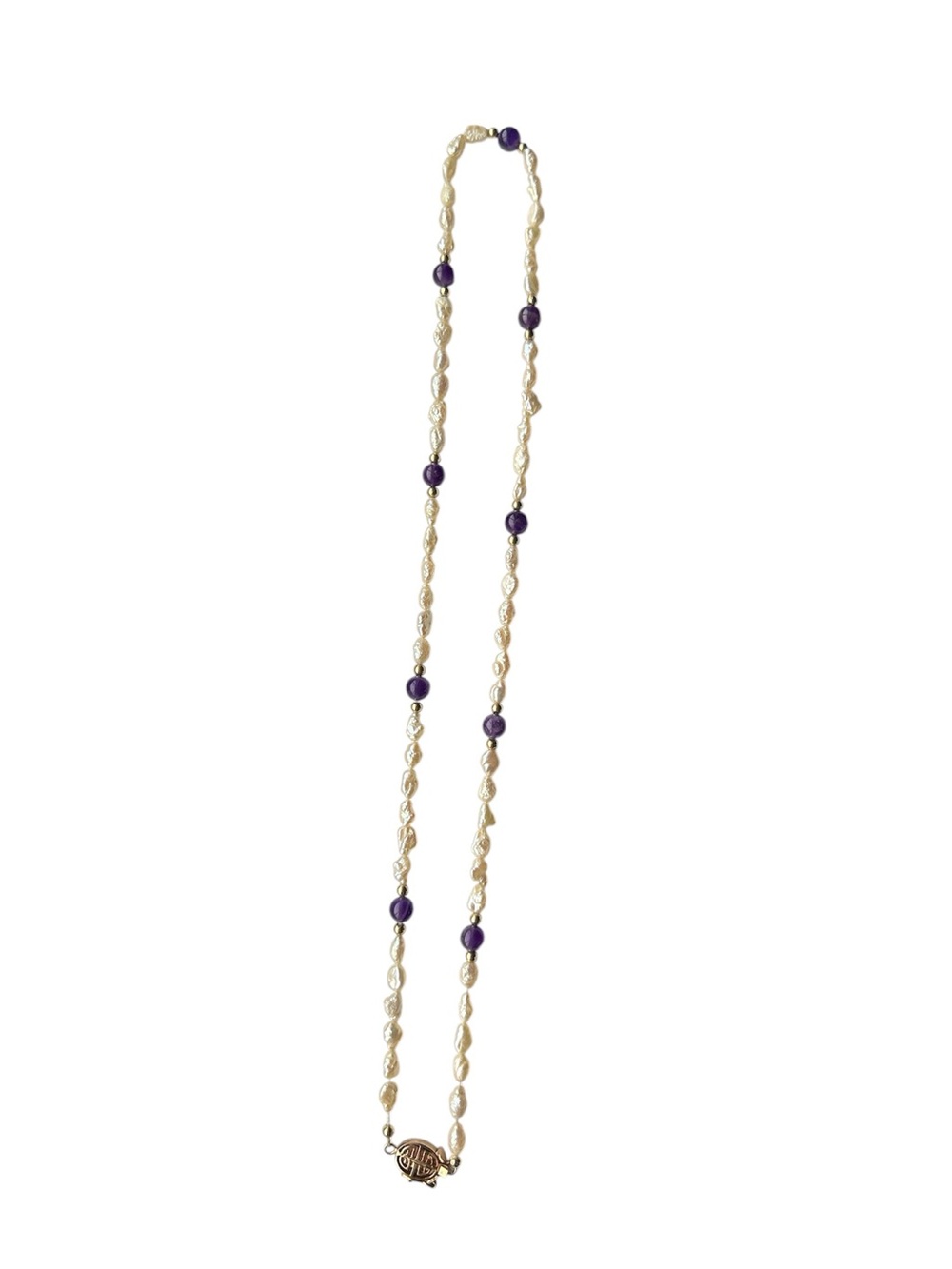 Freshwater Pearl & Amethyst Bead Necklace 10K Gold Clasp